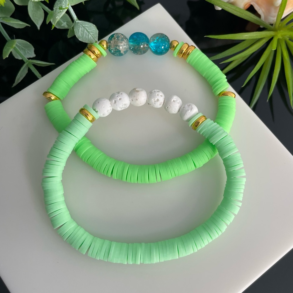 SET of 2 Green Polymer Clay Heishi Beaded Bracelet / Stacking Bracelets